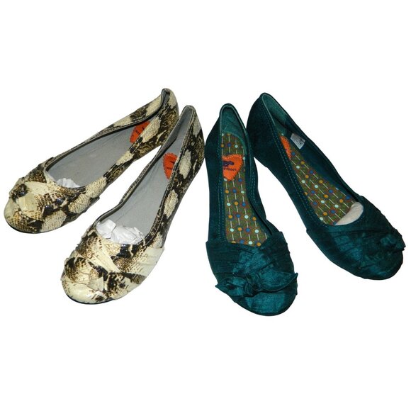 Rocket Dog Womens Ballet Flats 2 Pairs 7M Snakeskin & Teal Fabric Round Toe Slip - Picture 1 of 14